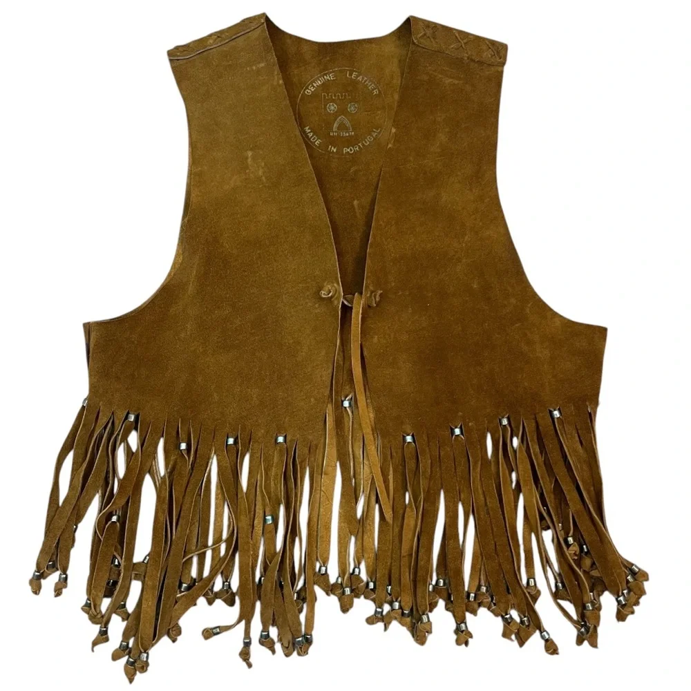 Vintage Suede Handmade Cow Hide Beaded Fringe Tassel Boho Vest / Indian Jacket